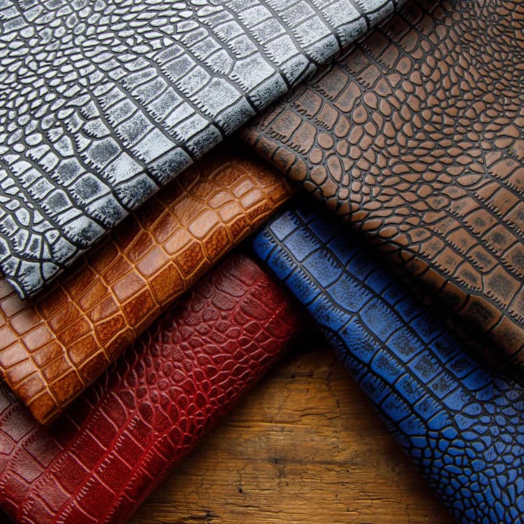 Stacked dyed leather hides in layered colour